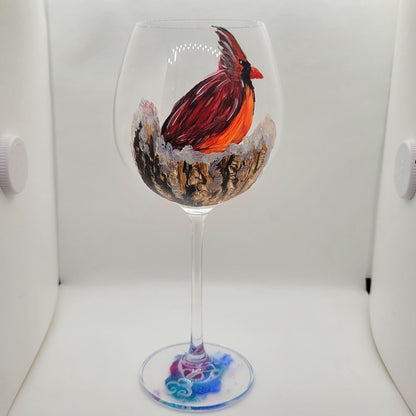 Cardinal on a Snowy Stump Wine Glass