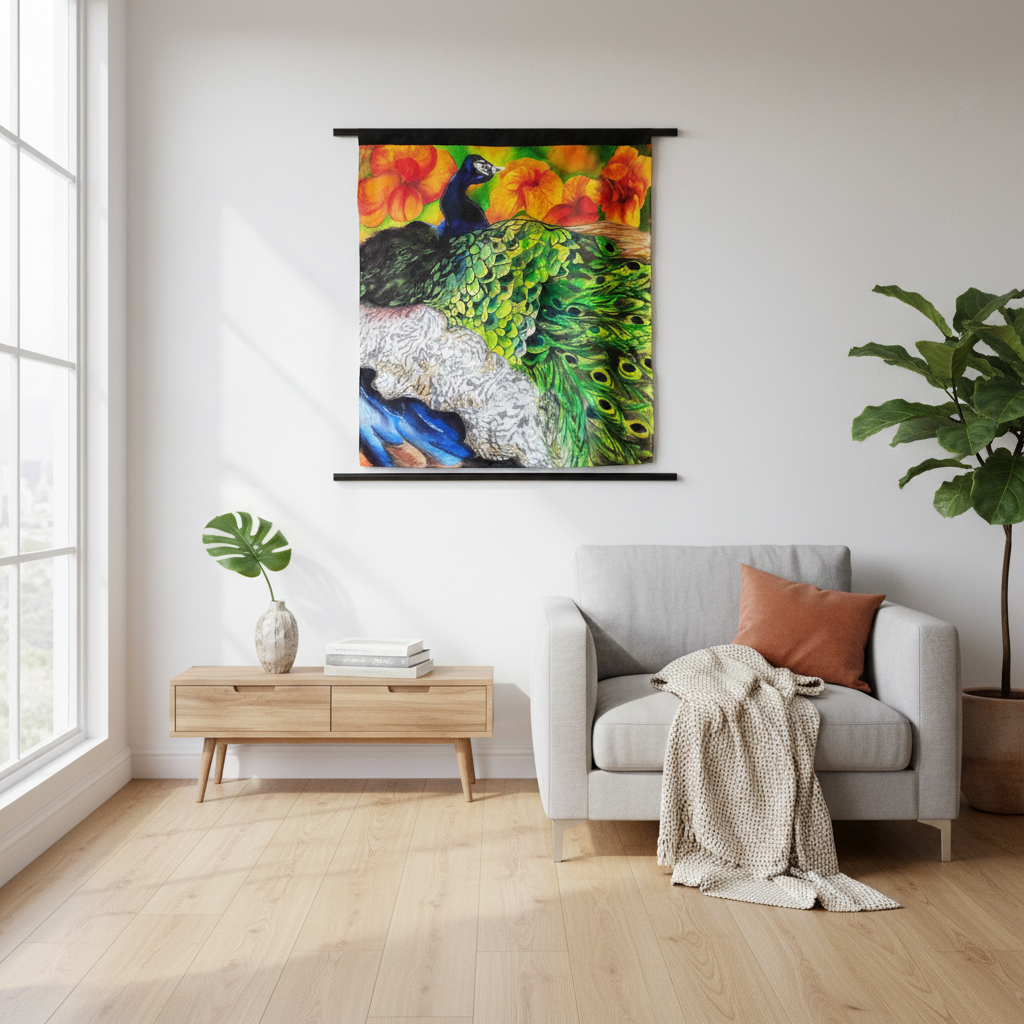 Original hand-painted silk tapestry featuring a colorful peacock with detailed plumage surrounded by orange canna lilies by Amy Bridges
