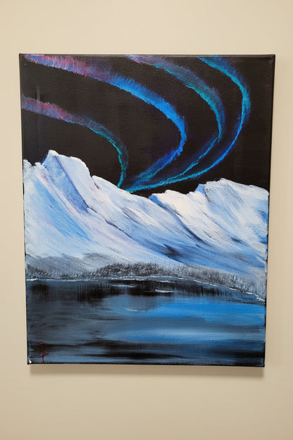 Original acrylic painting of northern lights over icy water and snowy mountains by Ronnie Poole on 16x20 canvas