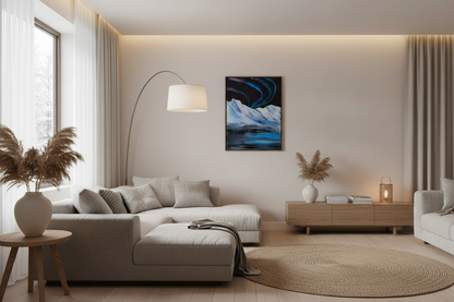 Original acrylic painting of northern lights over icy water and snowy mountains by Ronnie Poole on 16x20 canvas