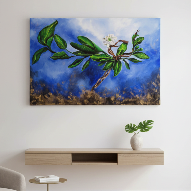 Original acrylic painting titled Dancing Into Bloom featuring a botanical dancer made from giant waterlily, wisteria vines, and bird of paradise leaves surrounded by swirling light and golden pollen.