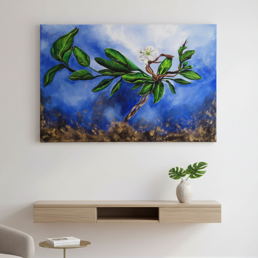 Original acrylic painting titled Dancing Into Bloom featuring a botanical dancer made from giant waterlily, wisteria vines, and bird of paradise leaves surrounded by swirling light and golden pollen.