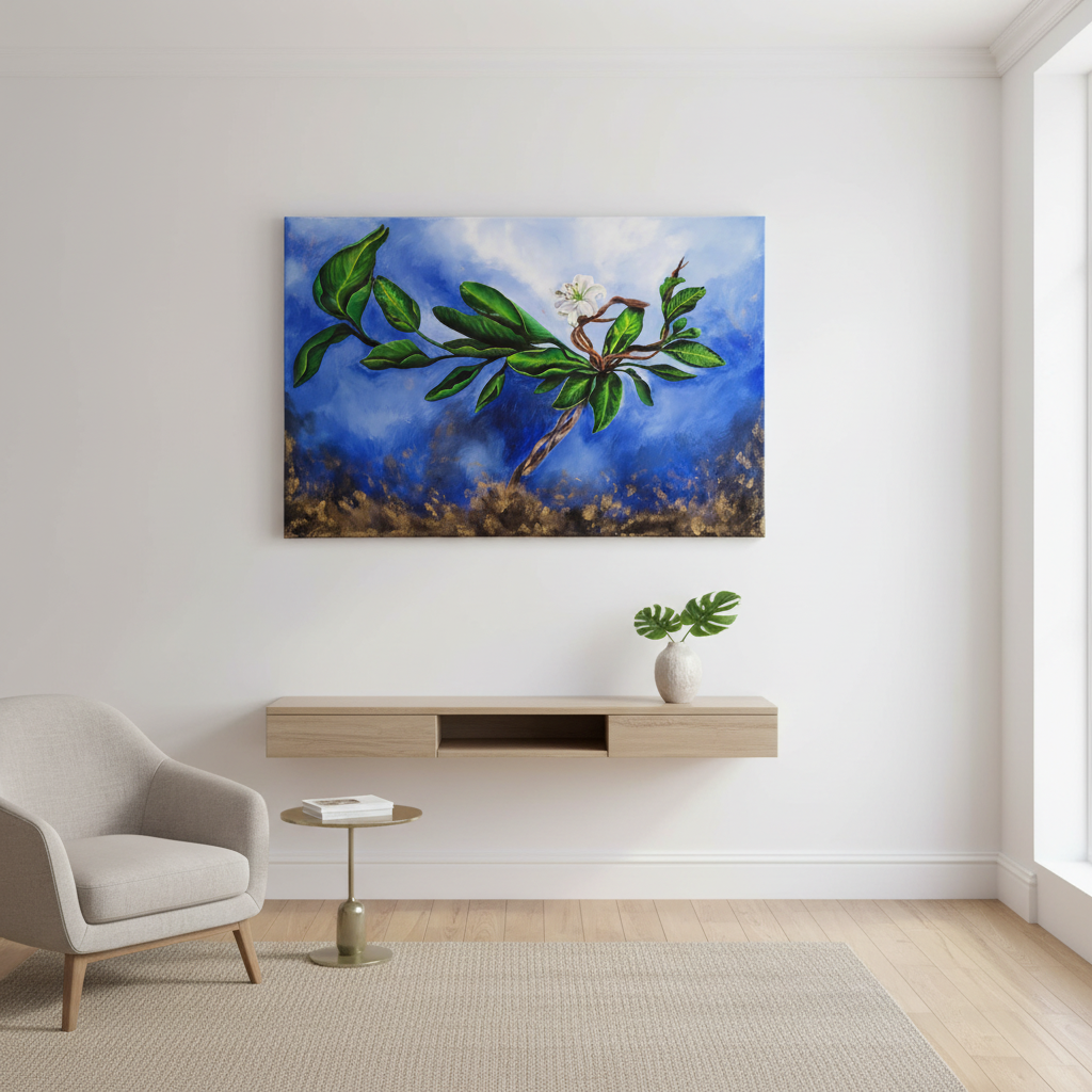 Original acrylic painting titled Dancing Into Bloom featuring a botanical dancer made from giant waterlily, wisteria vines, and bird of paradise leaves surrounded by swirling light and golden pollen.