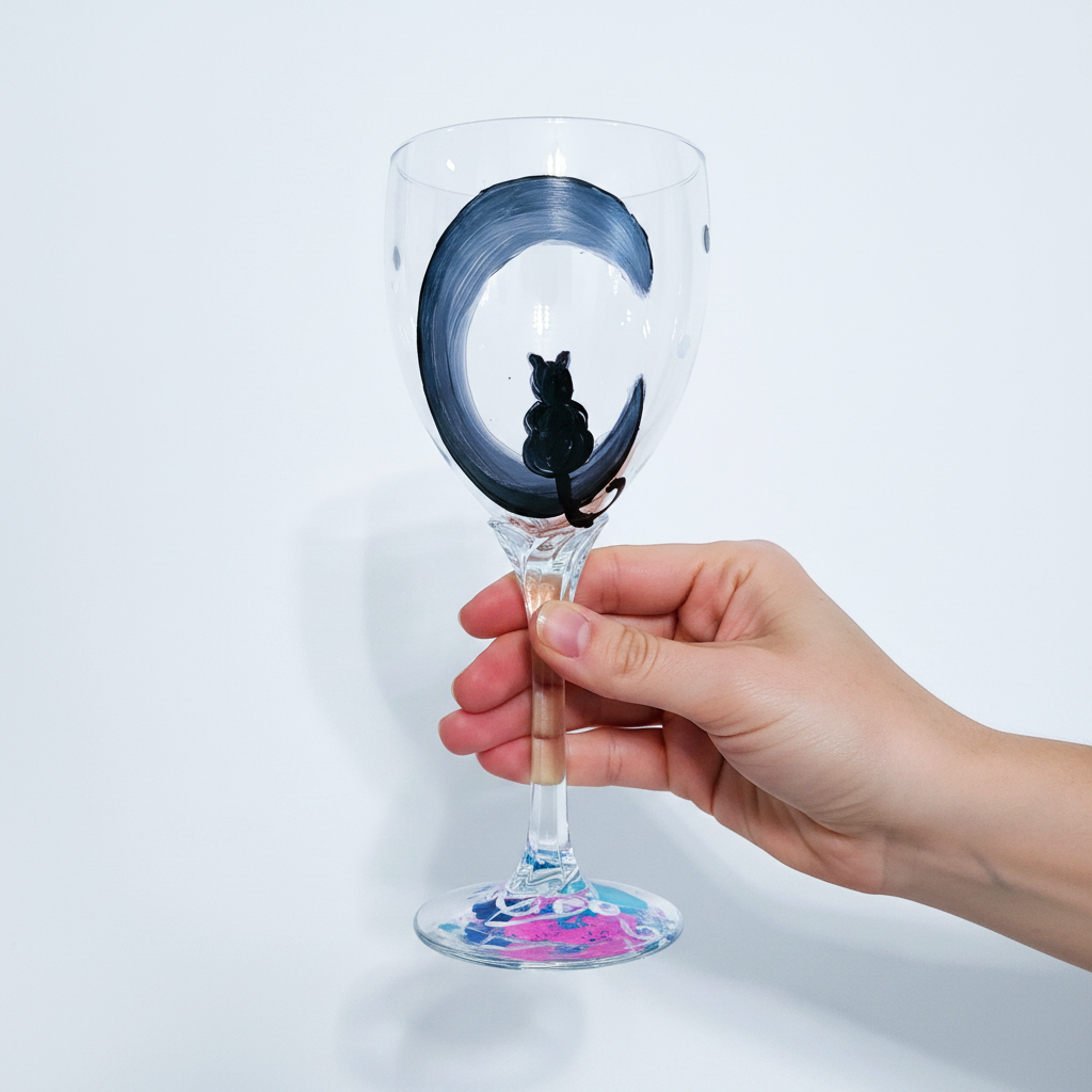 Hand-painted wine glass featuring black cat sitting in crescent moon with celestial star design on 12 oz stemmed glass by Amy Bridges.