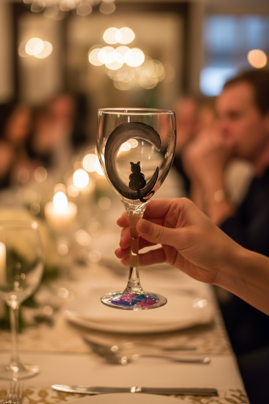 Hand-painted wine glass featuring black cat sitting in crescent moon with celestial star design on 12 oz stemmed glass by Amy Bridges.