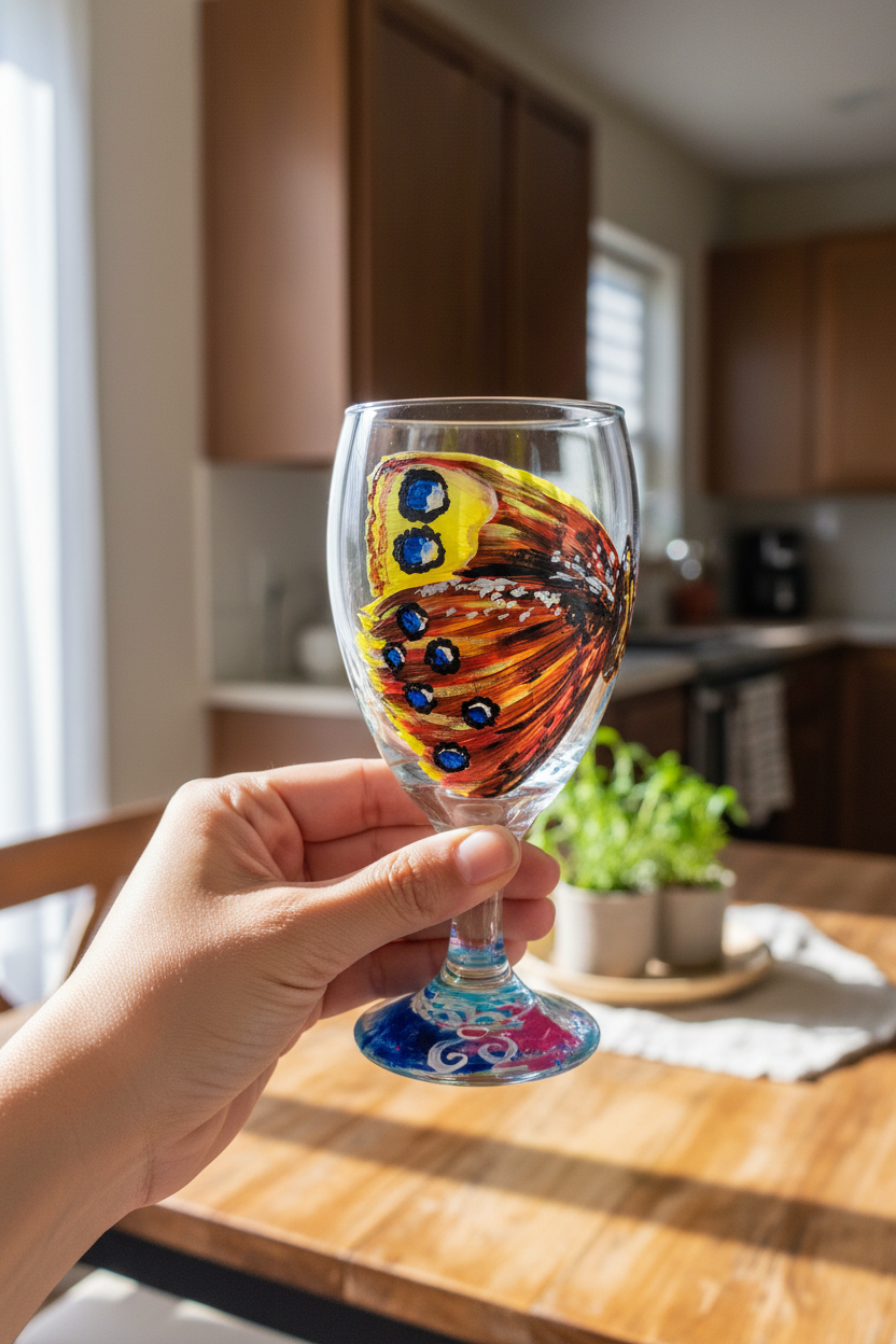 Hand-painted 16oz wine goblet featuring colorful butterfly artwork in yellow red and blue tones by Amy Bridges.