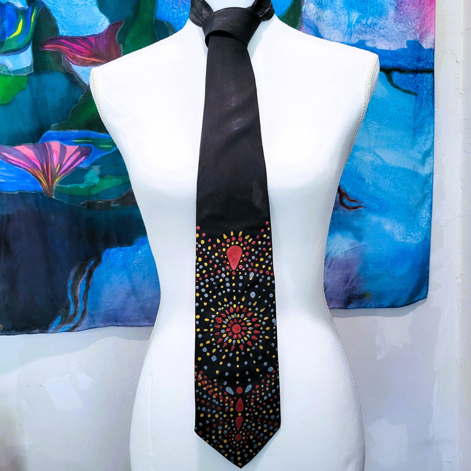 Hand-painted silk necktie wearable art with metallic gold and silver detailing limited edition by Amy Bridges