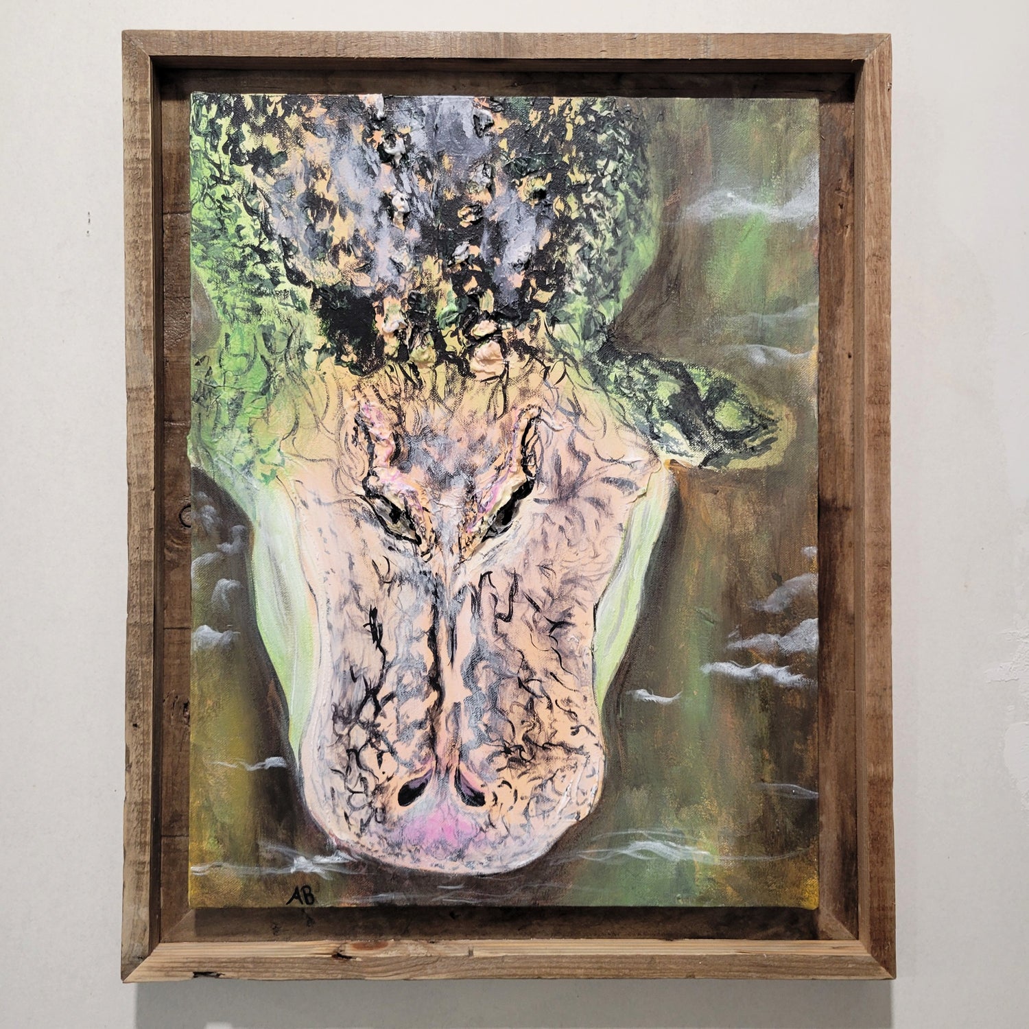 Original acrylic painting of an alligator emerging from the water with sculpted textured eyes and reclaimed wood frame by Amy Bridges.