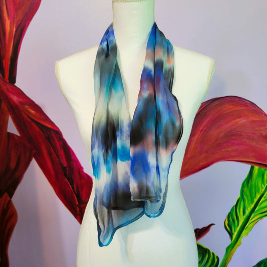 Sheer Silk Chiffon Scarf – Hand Painted Abstract Storm Clouds in Black, Blue, Red, White