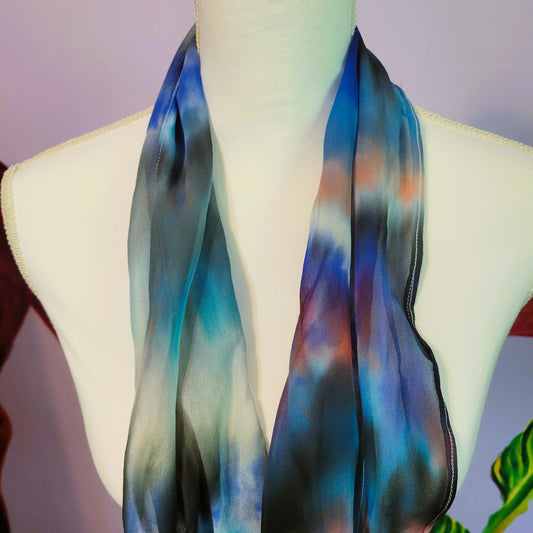 Sheer Silk Chiffon Scarf – Hand Painted Abstract Storm Clouds in Black, Blue, Red, White