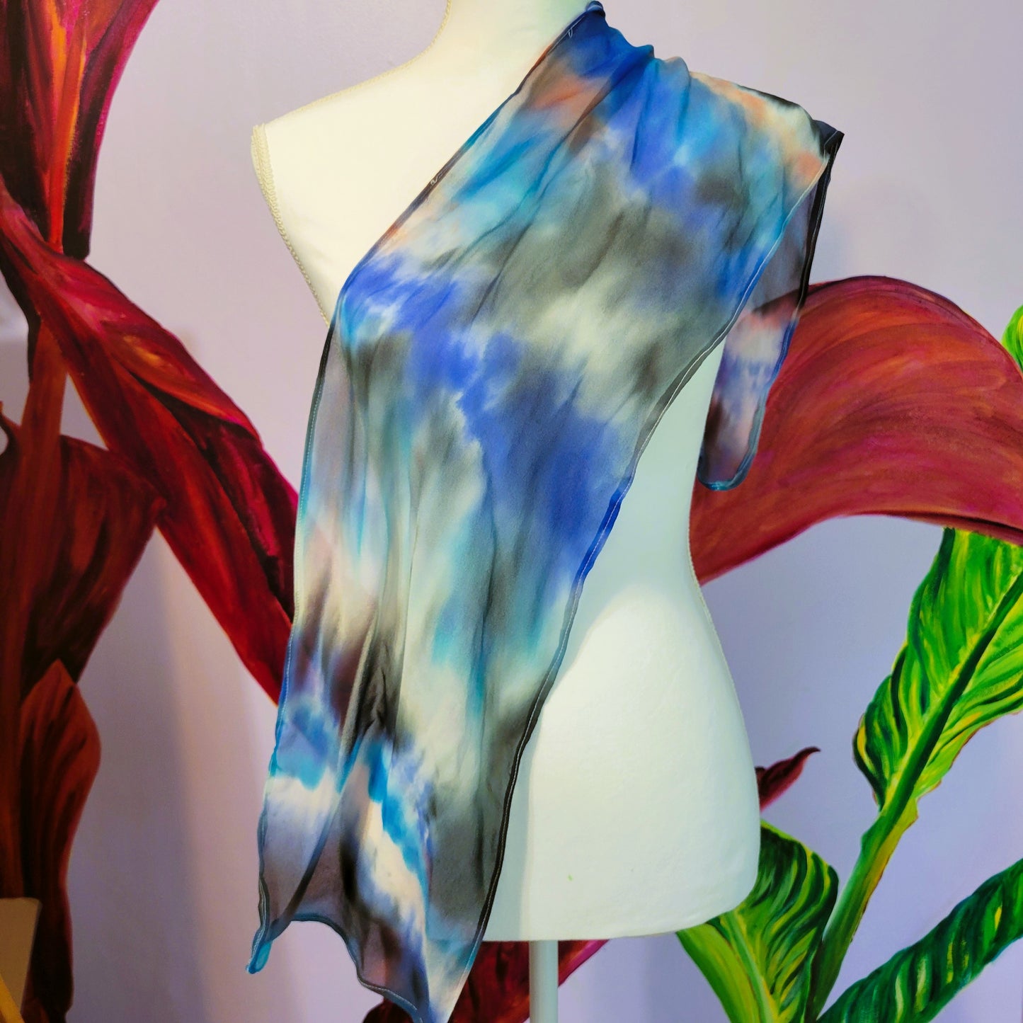 Sheer Silk Chiffon Scarf – Hand Painted Abstract Storm Clouds in Black, Blue, Red, White