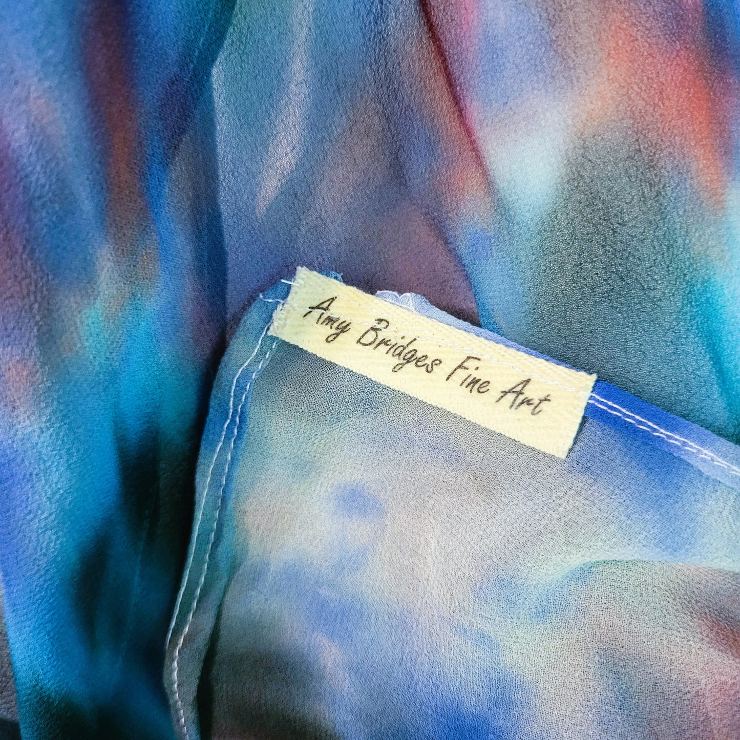 Sheer Silk Chiffon Scarf – Hand Painted Abstract Storm Clouds in Black, Blue, Red, White