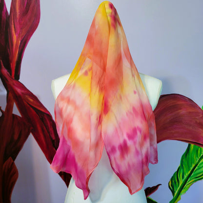Sheer Silk Chiffon Scarf – Hand Painted Abstract Sunlit Sky in Pink, Red, Yellow, and Orange