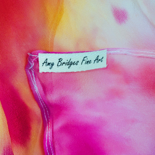 Sheer Silk Chiffon Scarf – Hand Painted Abstract Sunlit Sky in Pink, Red, Yellow, and Orange