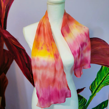 Sheer Silk Chiffon Scarf – Hand Painted Abstract Sunlit Sky in Pink, Red, Yellow, and Orange