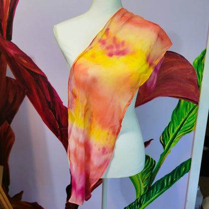 Sheer Silk Chiffon Scarf – Hand Painted Abstract Sunlit Sky in Pink, Red, Yellow, and Orange