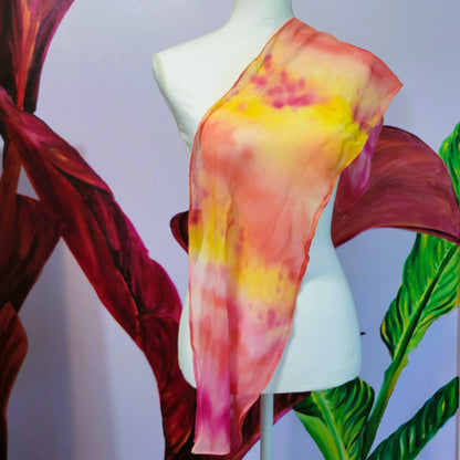 Sheer Silk Chiffon Scarf – Hand Painted Abstract Sunlit Sky in Pink, Red, Yellow, and Orange