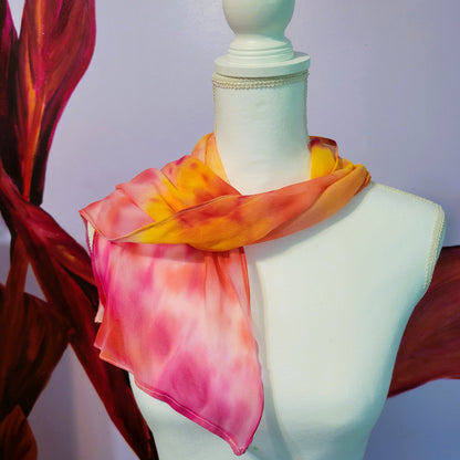 Sheer Silk Chiffon Scarf – Hand Painted Abstract Sunlit Sky in Pink, Red, Yellow, and Orange