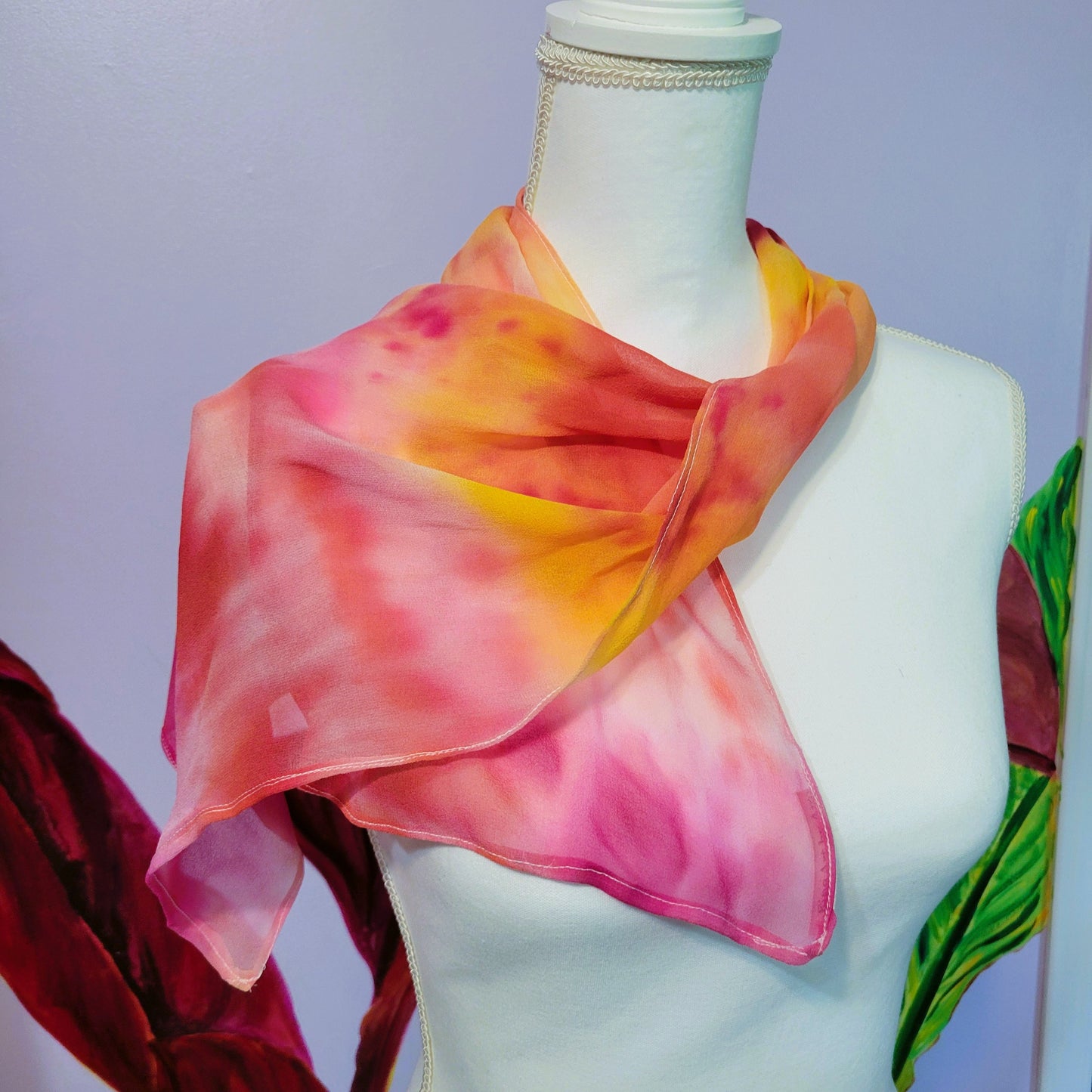 Sheer Silk Chiffon Scarf – Hand Painted Abstract Sunlit Sky in Pink, Red, Yellow, and Orange