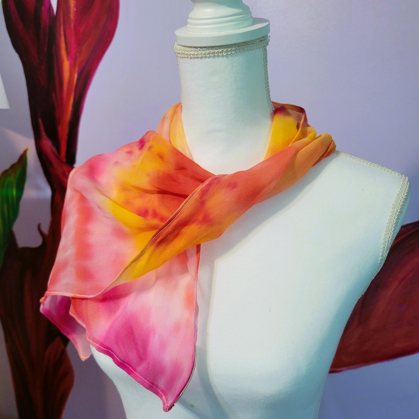 Sheer Silk Chiffon Scarf – Hand Painted Abstract Sunlit Sky in Pink, Red, Yellow, and Orange