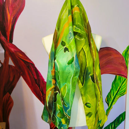 Pixie Hollow – Hand Painted Habotai Silk Scarf, Green Vine & Leaf Design, Artisan Wearable Art Shawl
