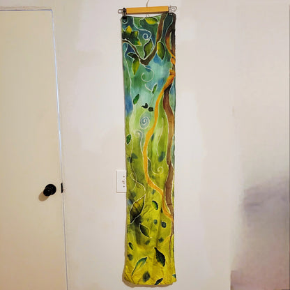 Pixie Hollow – Hand Painted Habotai Silk Scarf, Green Vine & Leaf Design, Artisan Wearable Art Shawl