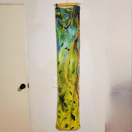 Pixie Hollow – Hand Painted Habotai Silk Scarf, Green Vine & Leaf Design, Artisan Wearable Art Shawl