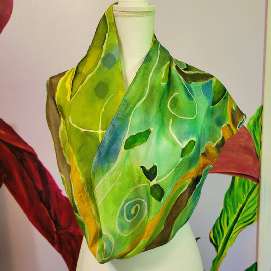 Pixie Hollow – Hand Painted Habotai Silk Scarf, Green Vine & Leaf Design, Artisan Wearable Art Shawl