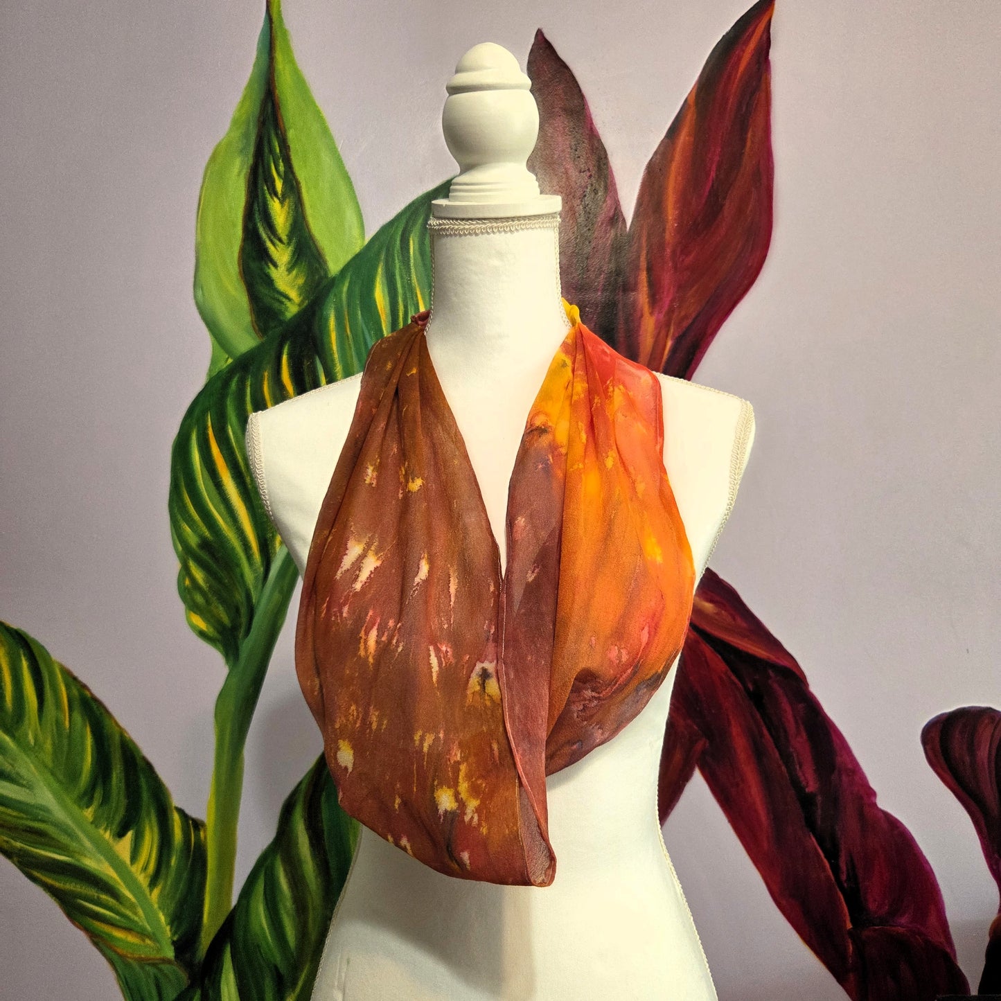 Hand Dyed Silk Chiffon Infinity Scarf – Yellow, Red, and Browns, Luxury Silk Loop Scarf, Lightweight Sheer Silk Scarf, Handmade Painted Silk