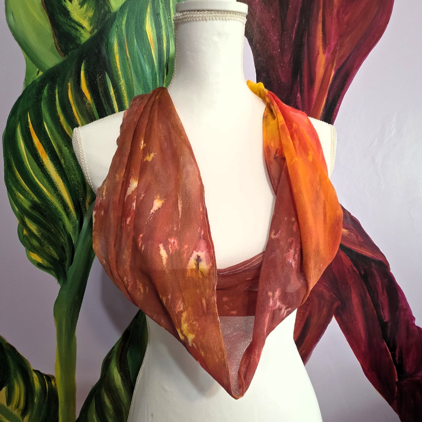 Hand Dyed Silk Chiffon Infinity Scarf – Yellow, Red, and Browns, Luxury Silk Loop Scarf, Lightweight Sheer Silk Scarf, Handmade Painted Silk