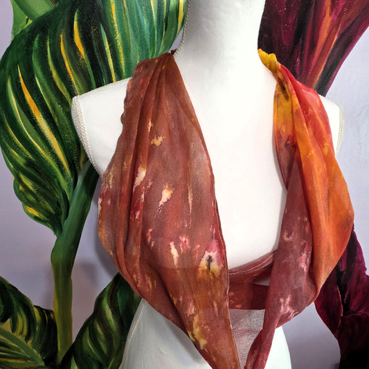 Hand Dyed Silk Chiffon Infinity Scarf – Yellow, Red, and Browns, Luxury Silk Loop Scarf, Lightweight Sheer Silk Scarf, Handmade Painted Silk