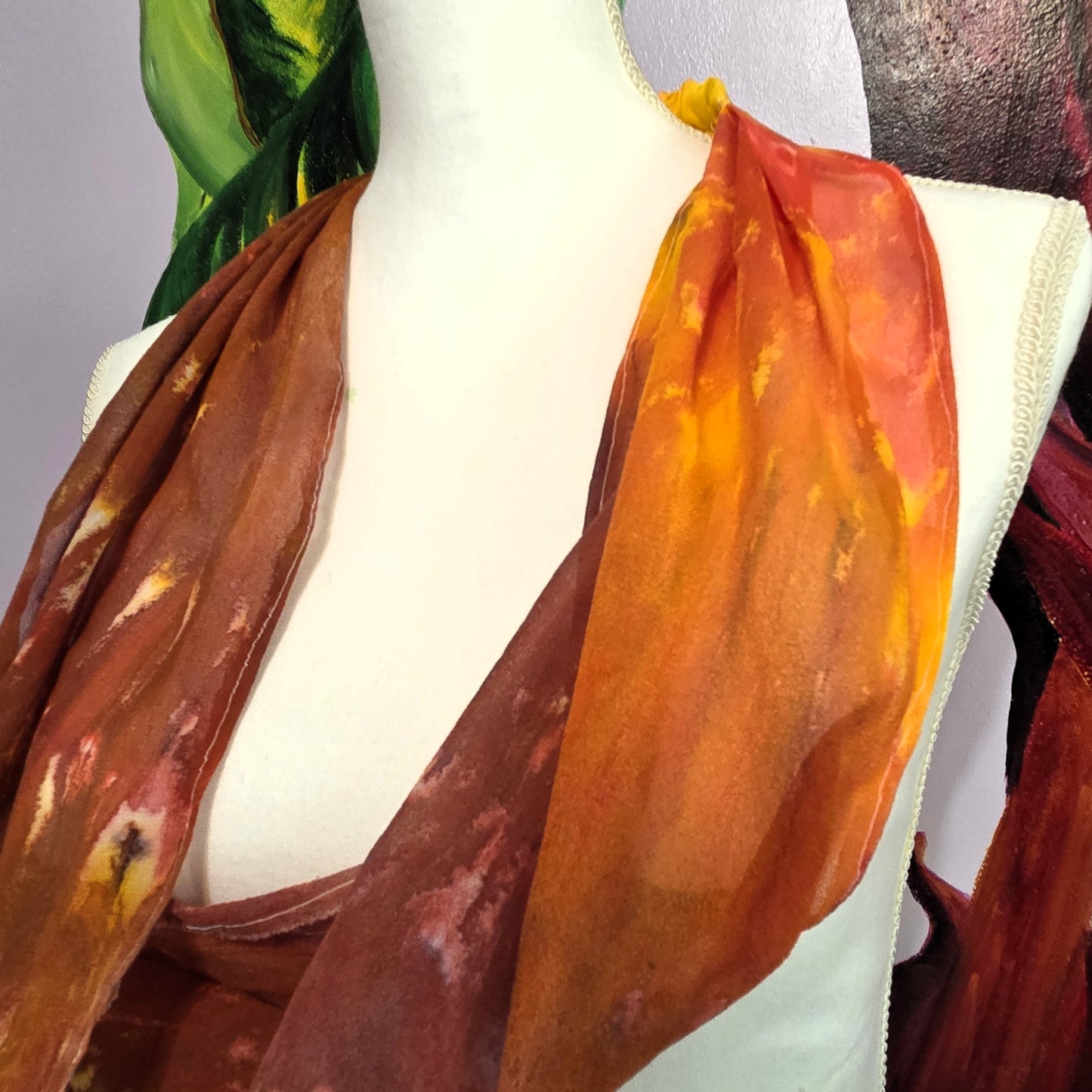 Hand Dyed Silk Chiffon Infinity Scarf – Yellow, Red, and Browns, Luxury Silk Loop Scarf, Lightweight Sheer Silk Scarf, Handmade Painted Silk