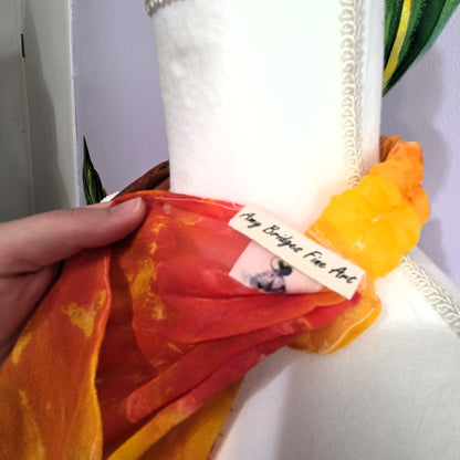 Hand Dyed Silk Chiffon Infinity Scarf – Yellow, Red, and Browns, Luxury Silk Loop Scarf, Lightweight Sheer Silk Scarf, Handmade Painted Silk