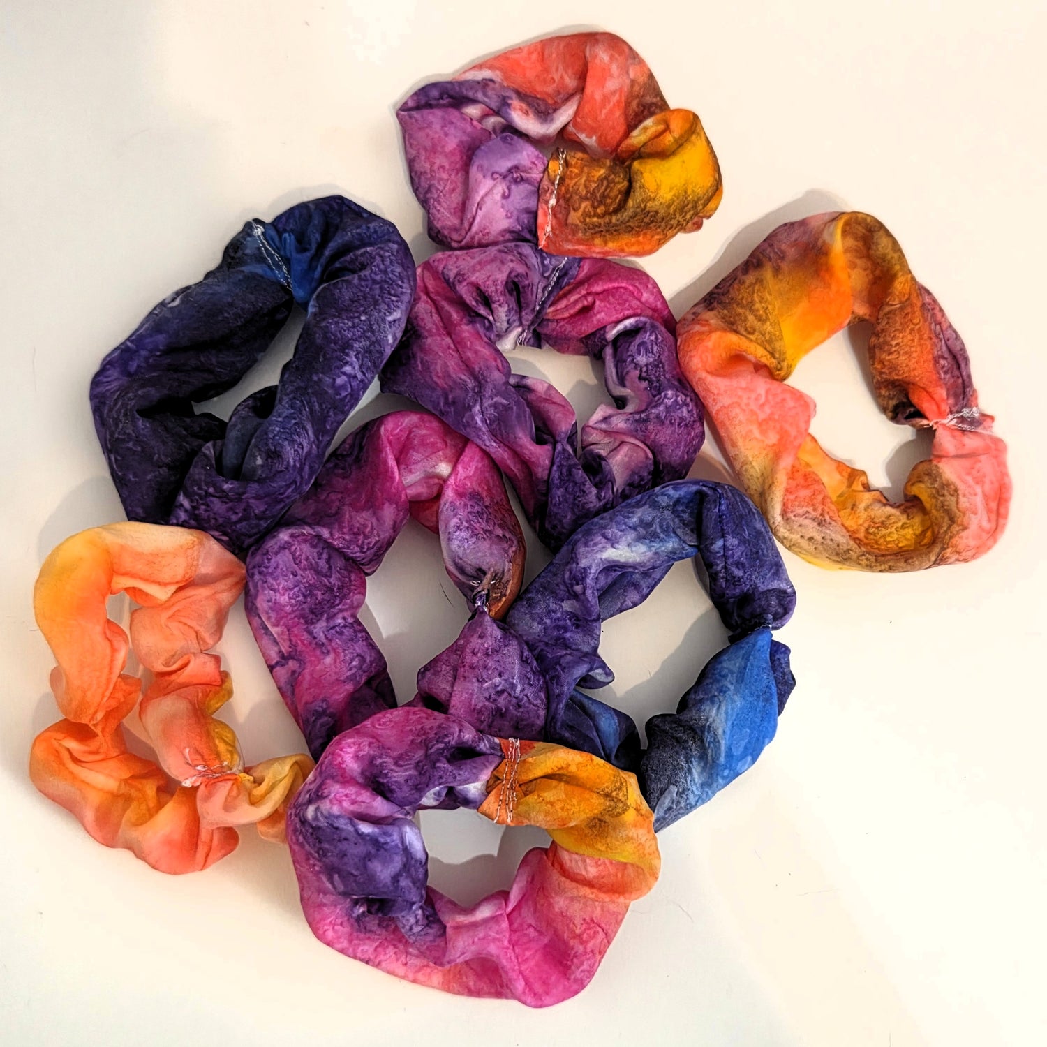 Hand-dyed silk scrunchie handmade from 100% silk, soft luxury hair tie with unique color variation for gentle everyday hair styling.