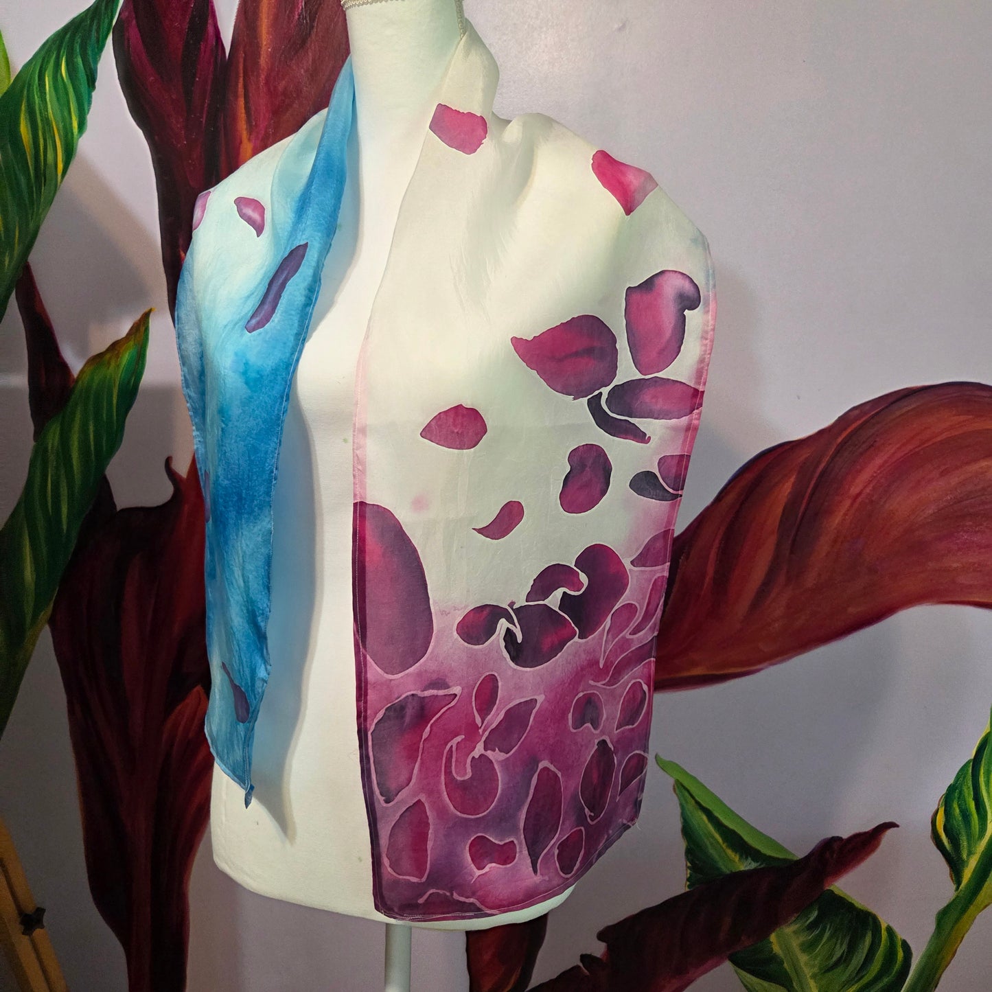 Petals in the Wind | Hand-Painted Habotai Silk Scarf | 100% Silk Floral Scarf