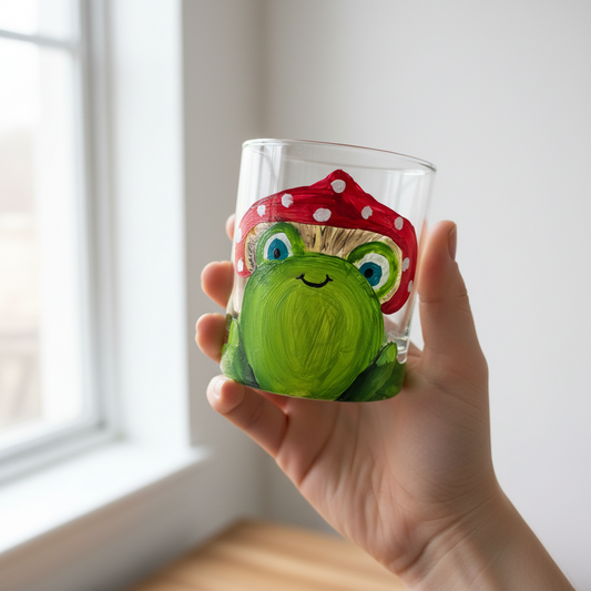 Hand-painted 11 oz highball glass featuring a whimsical frog sitting on a lily pad wearing a red mushroom hat with lily pad details wrapping around the glass.