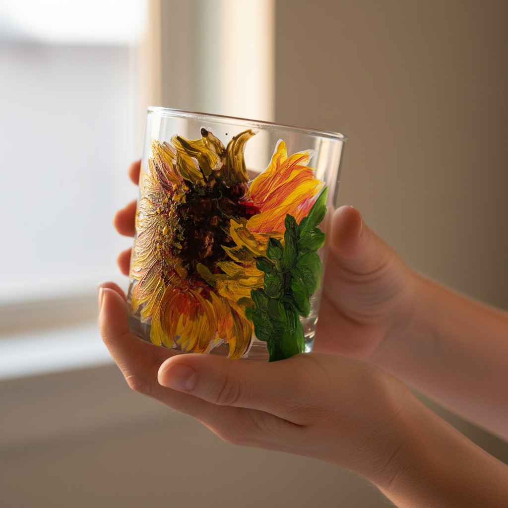 Hand-painted 11 oz highball glass featuring a detailed sunflower design with warm yellow, orange, and red tones inspired by wildflowers.