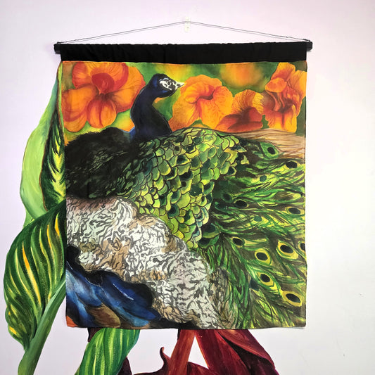 Peacock in Bloom | Original Hand-Painted Silk Tapestry by Amy Bridges | Peacock & Canna Lily Artwork