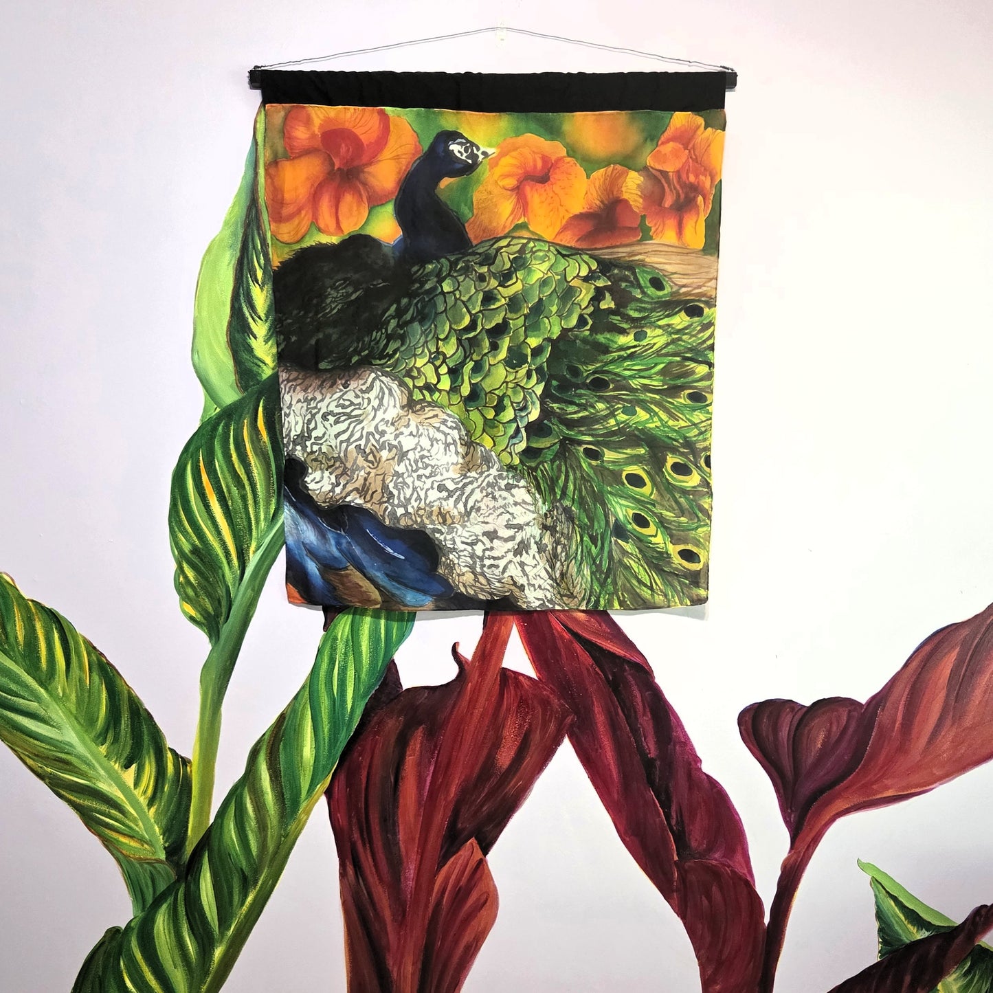 Peacock in Bloom | Original Hand-Painted Silk Tapestry by Amy Bridges | Peacock & Canna Lily Artwork