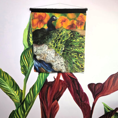 Peacock in Bloom | Original Hand-Painted Silk Tapestry by Amy Bridges | Peacock & Canna Lily Artwork