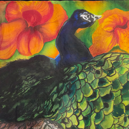 Peacock in Bloom | Original Hand-Painted Silk Tapestry by Amy Bridges | Peacock & Canna Lily Artwork