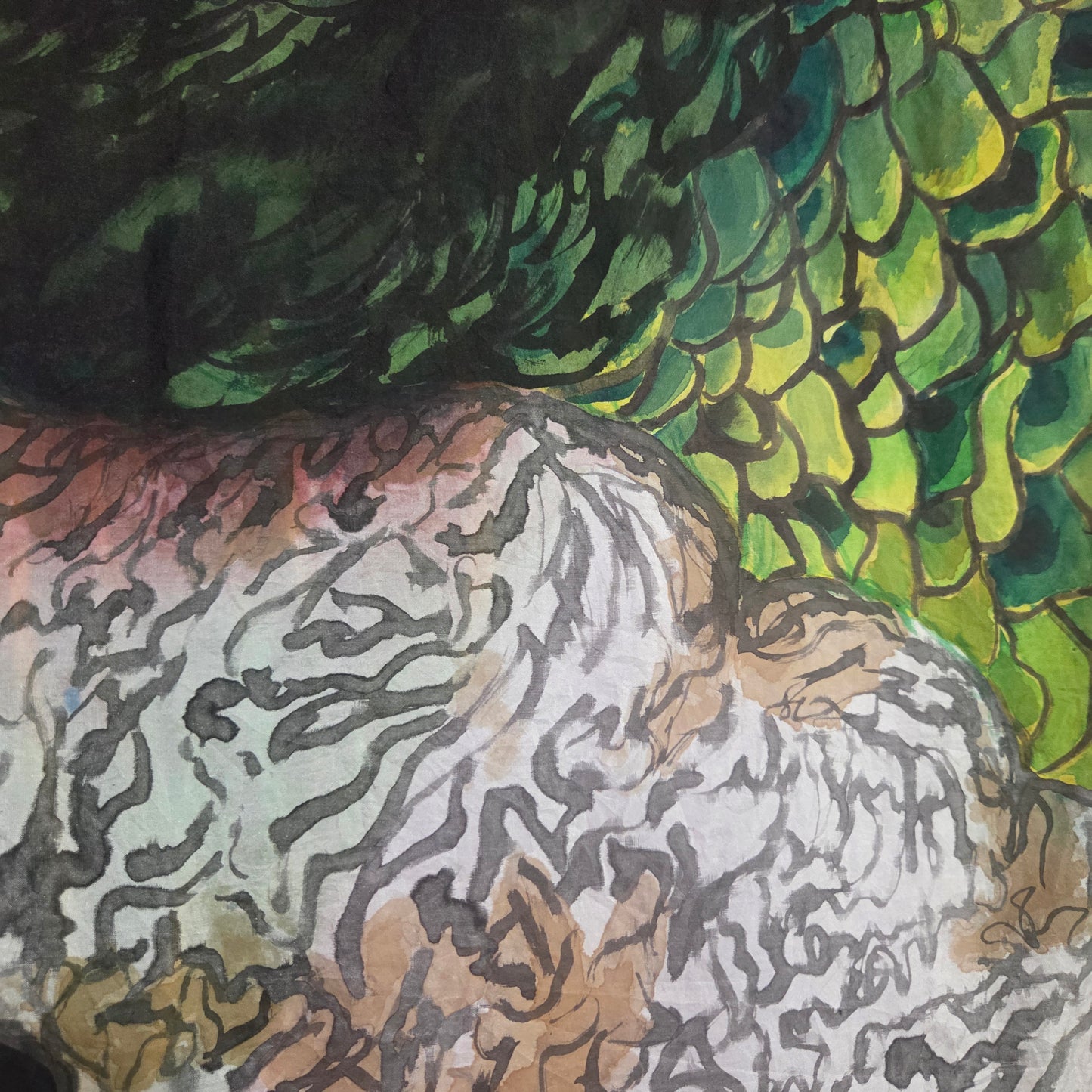 Peacock in Bloom | Original Hand-Painted Silk Tapestry by Amy Bridges | Peacock & Canna Lily Artwork