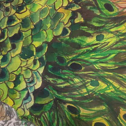 Peacock in Bloom | Original Hand-Painted Silk Tapestry by Amy Bridges | Peacock & Canna Lily Artwork