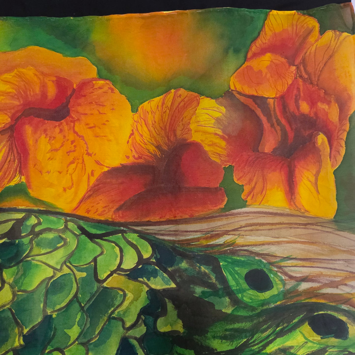 Peacock in Bloom | Original Hand-Painted Silk Tapestry by Amy Bridges | Peacock & Canna Lily Artwork