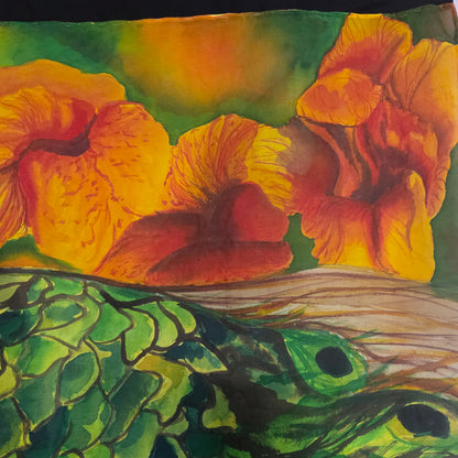 Peacock in Bloom | Original Hand-Painted Silk Tapestry by Amy Bridges | Peacock & Canna Lily Artwork