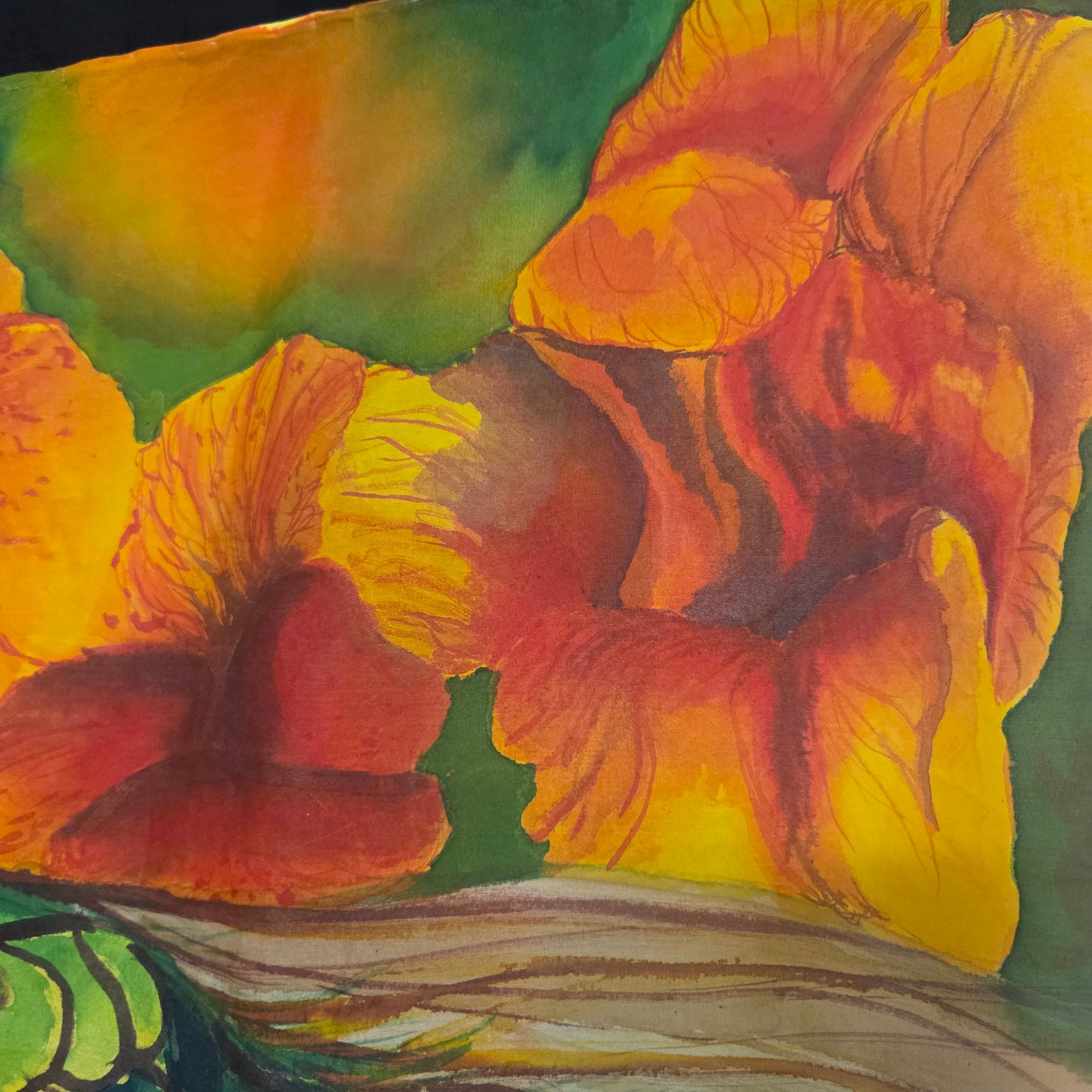 Peacock in Bloom | Original Hand-Painted Silk Tapestry by Amy Bridges | Peacock & Canna Lily Artwork