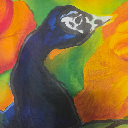 Peacock in Bloom | Original Hand-Painted Silk Tapestry by Amy Bridges | Peacock & Canna Lily Artwork