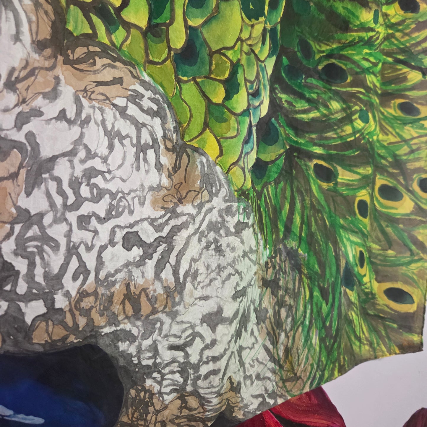 Peacock in Bloom | Original Hand-Painted Silk Tapestry by Amy Bridges | Peacock & Canna Lily Artwork
