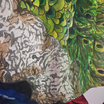 Peacock in Bloom | Original Hand-Painted Silk Tapestry by Amy Bridges | Peacock & Canna Lily Artwork