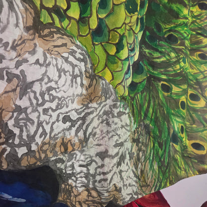 Peacock in Bloom | Original Hand-Painted Silk Tapestry by Amy Bridges | Peacock & Canna Lily Artwork